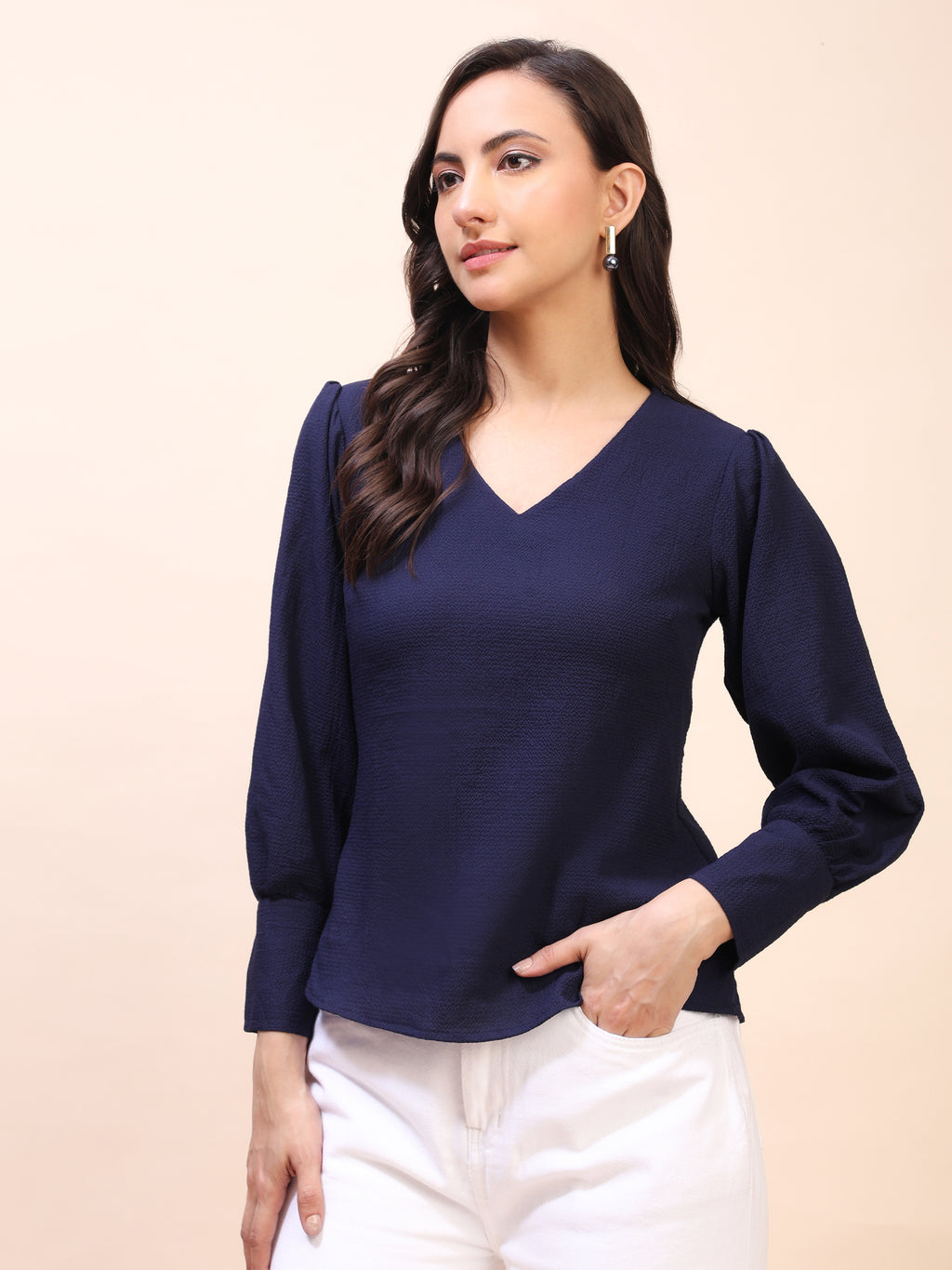V-Neck Gathered Sleeve Detail Top