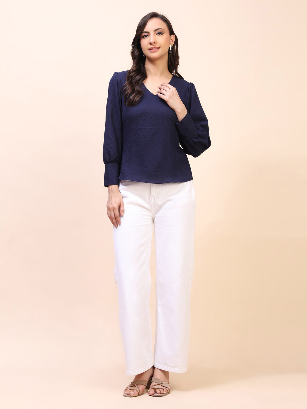 V-Neck Gathered Sleeve Detail Top