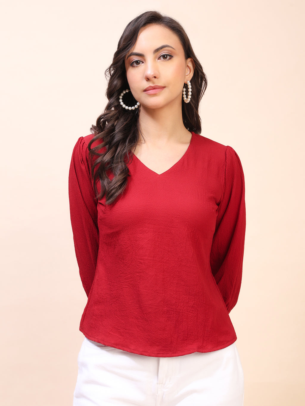 V-Neck Gathered Sleeve Detail Top