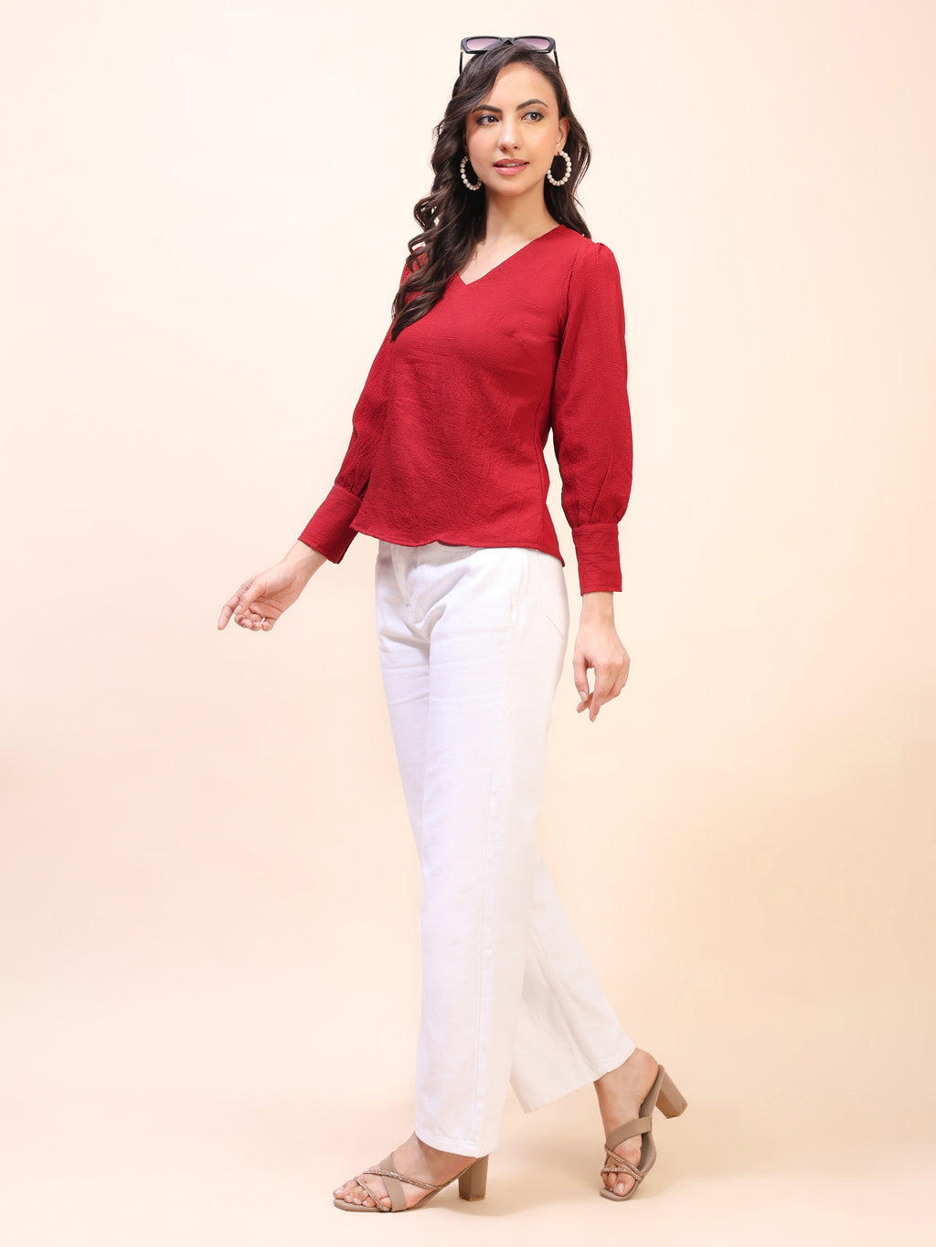 V-Neck Gathered Sleeve Detail Top