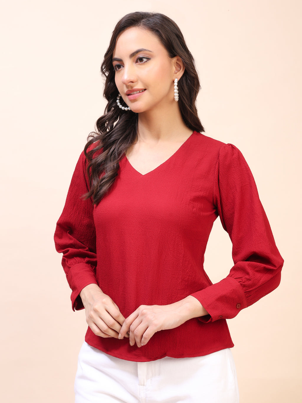 V-Neck Gathered Sleeve Detail Top