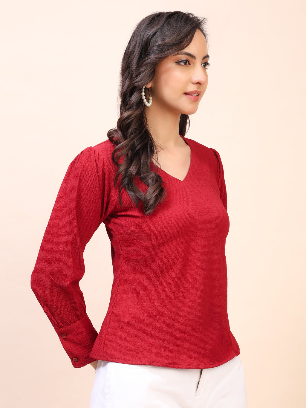 V-Neck Gathered Sleeve Detail Top