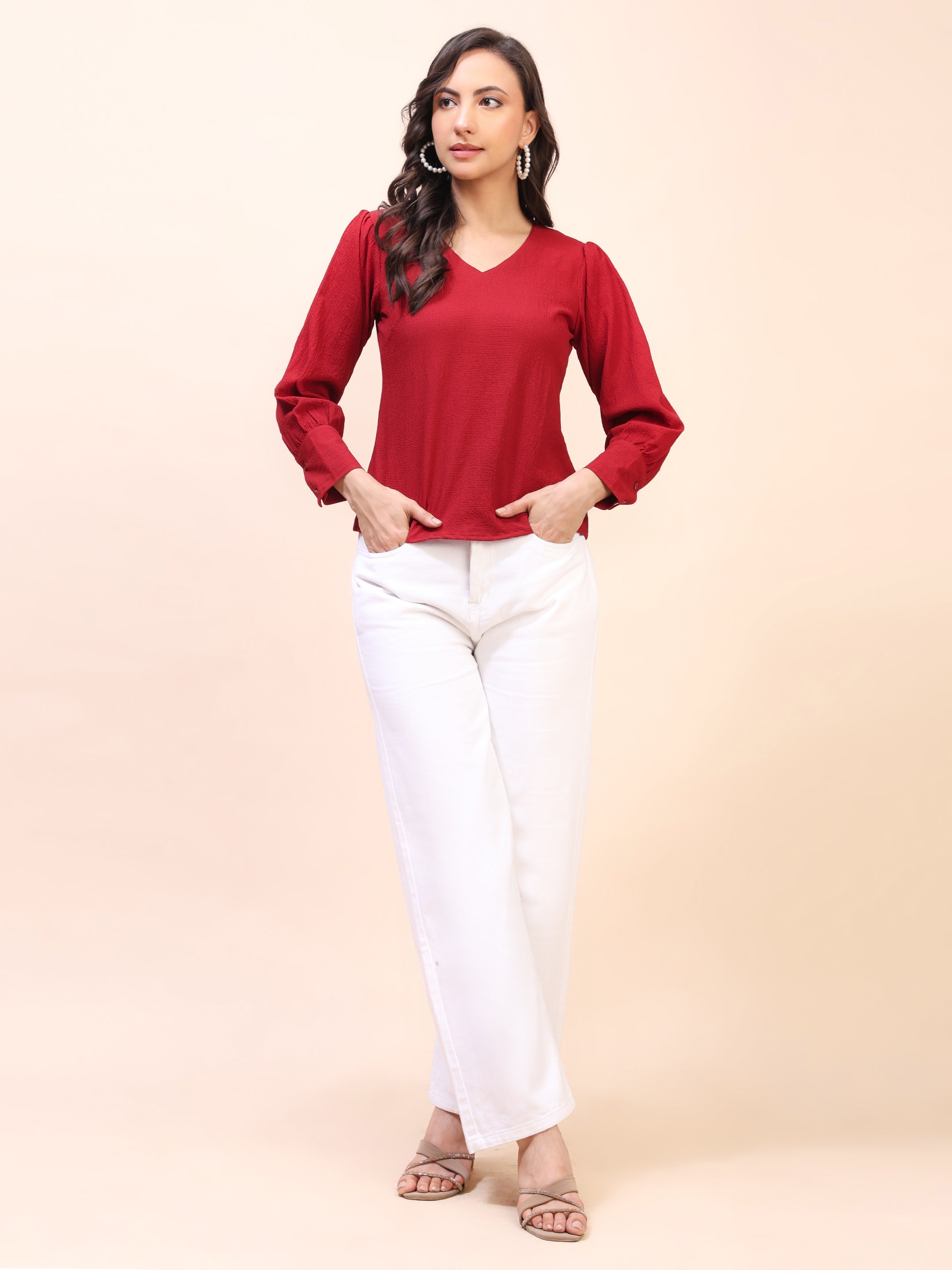 V-Neck Gathered Sleeve Detail Top