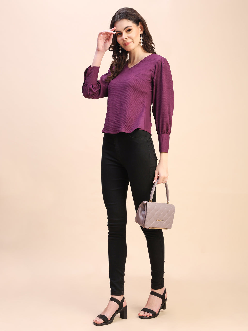 V-Neck Gathered Sleeve Detail Top