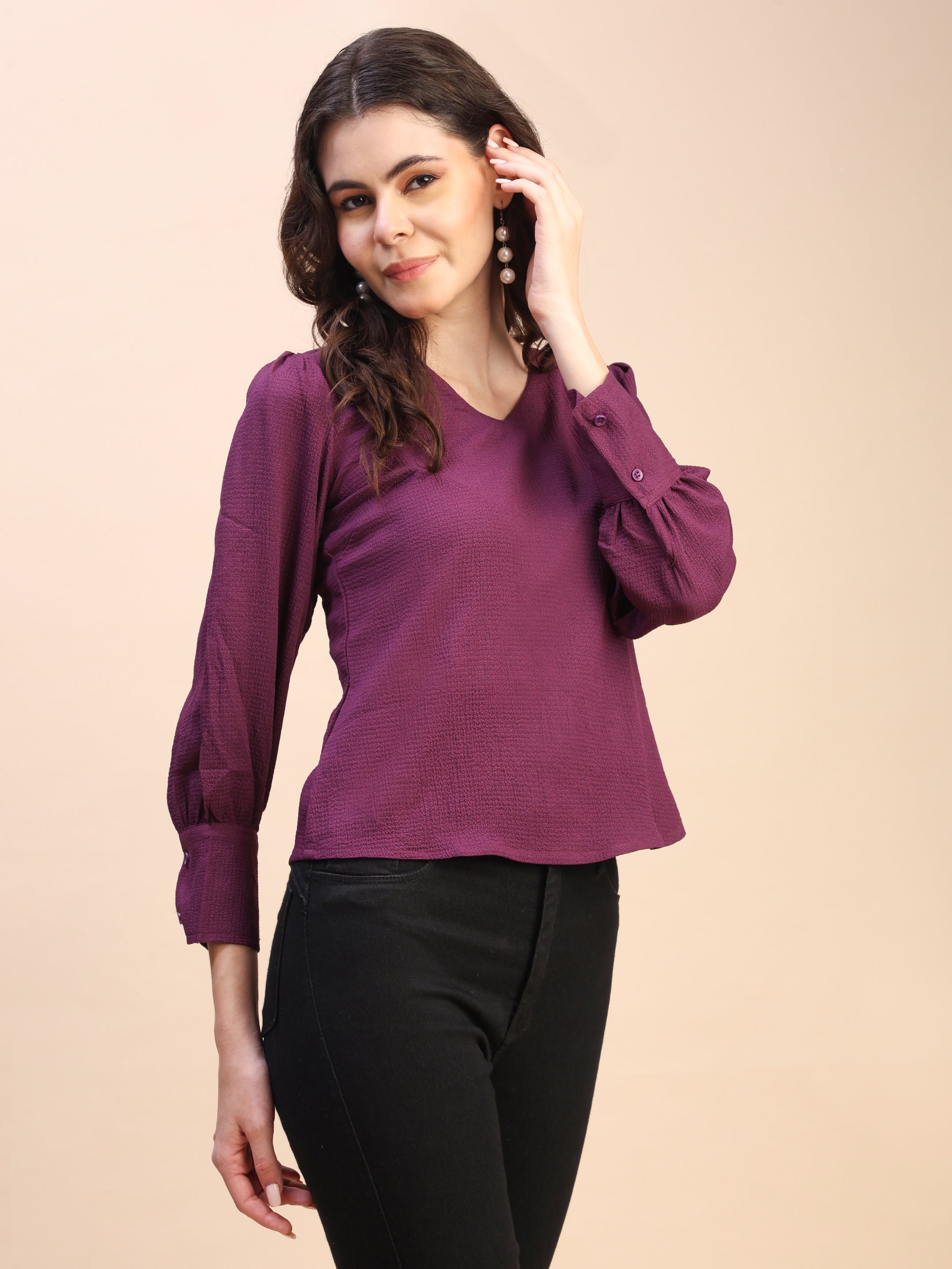 V-Neck Gathered Sleeve Detail Top