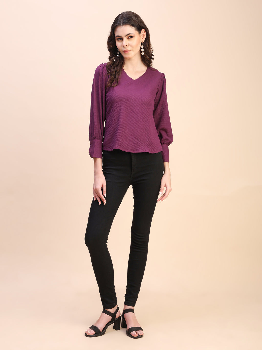 V-Neck Gathered Sleeve Detail Top