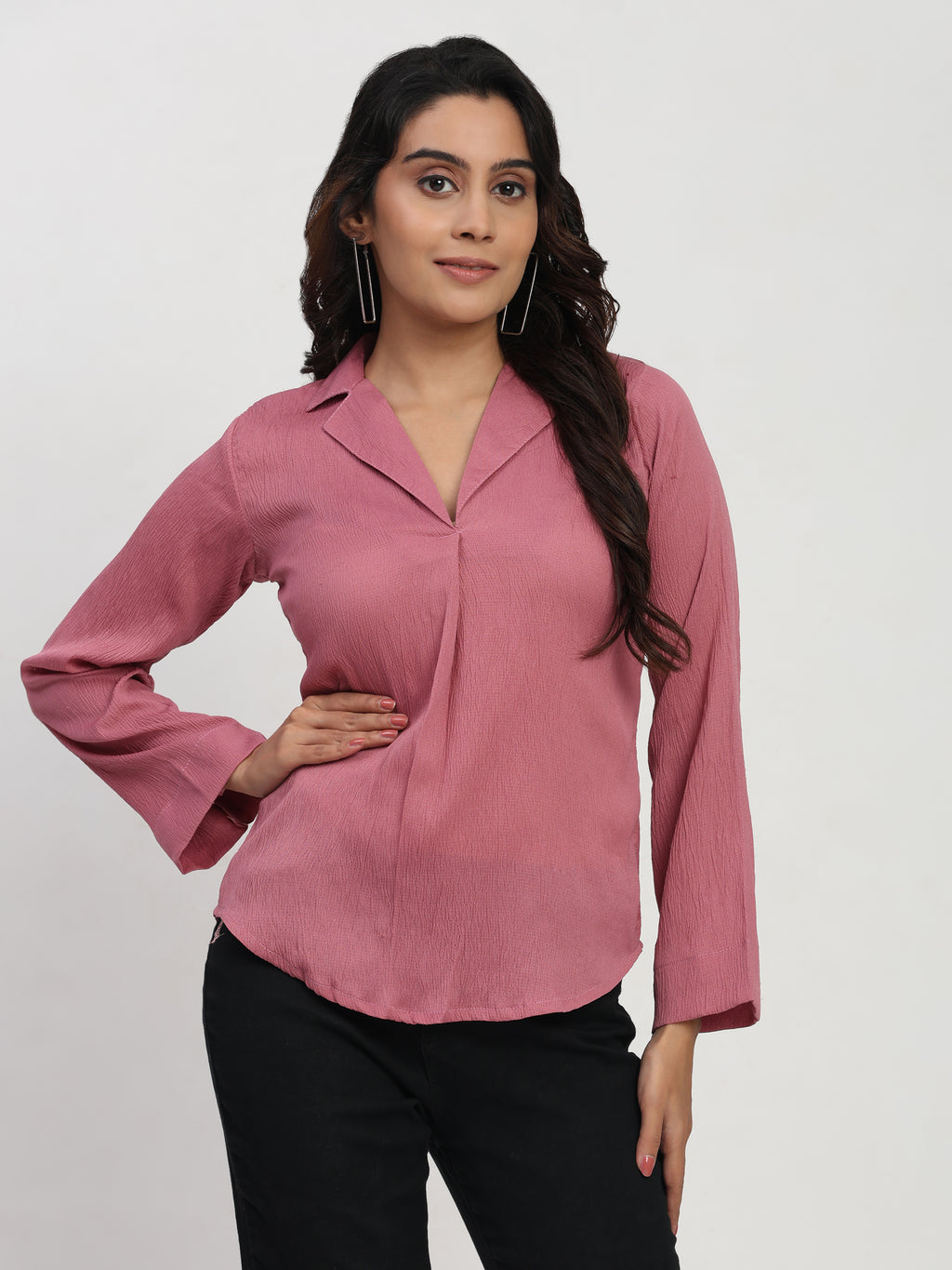 TrendRush Women Pink V-Neck Pleated Full Sleeve Fashion Top