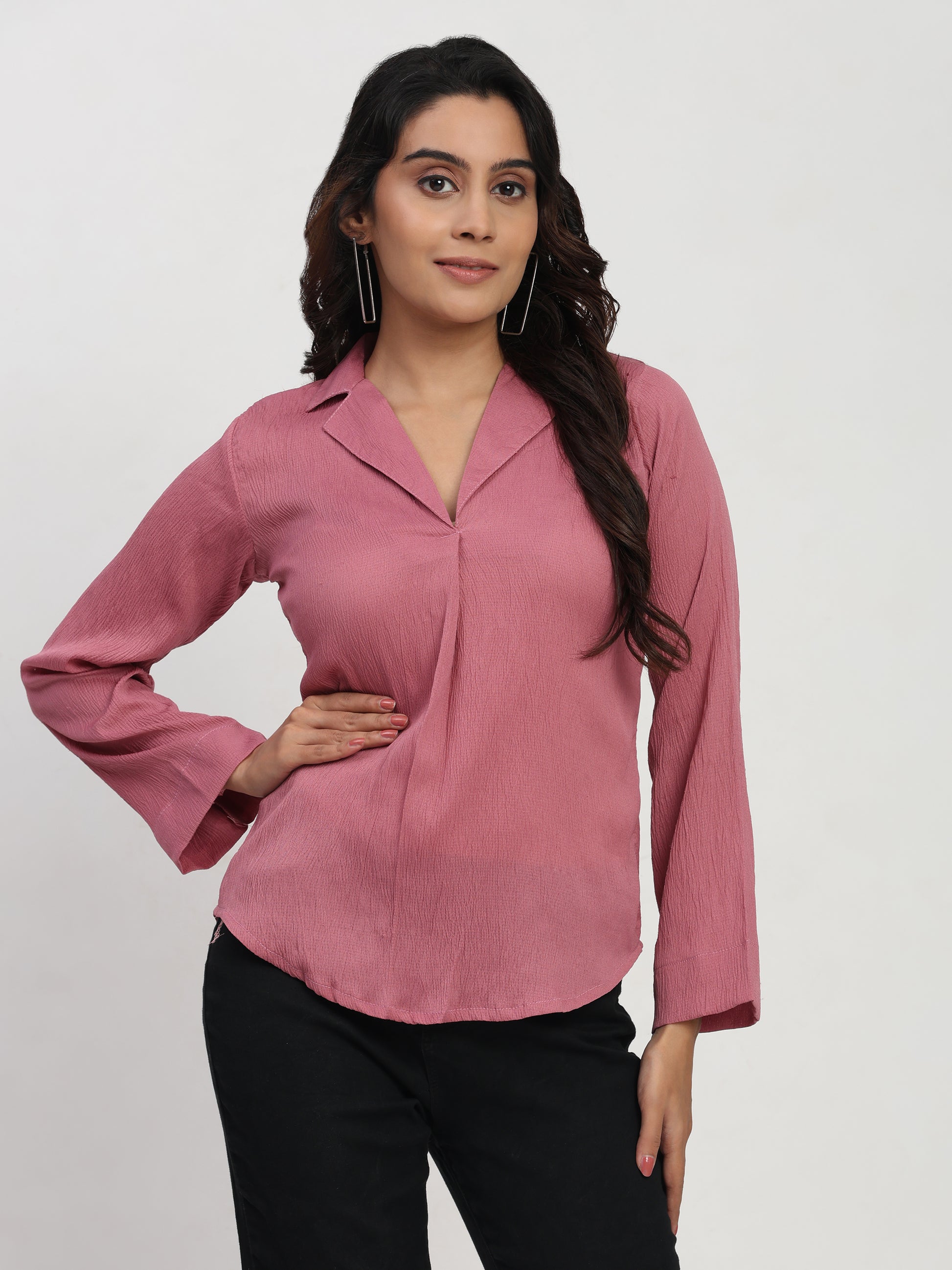 TrendRush Women Pink V-Neck Pleated Full Sleeve Fashion Top