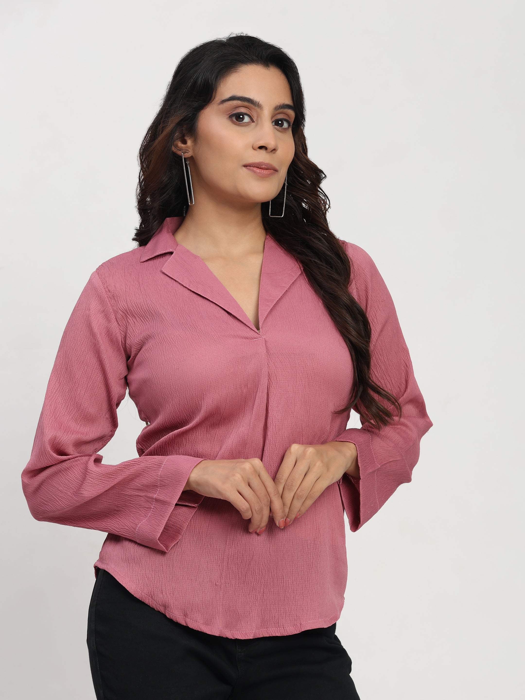 TrendRush Women Pink V-Neck Pleated Full Sleeve Fashion Top