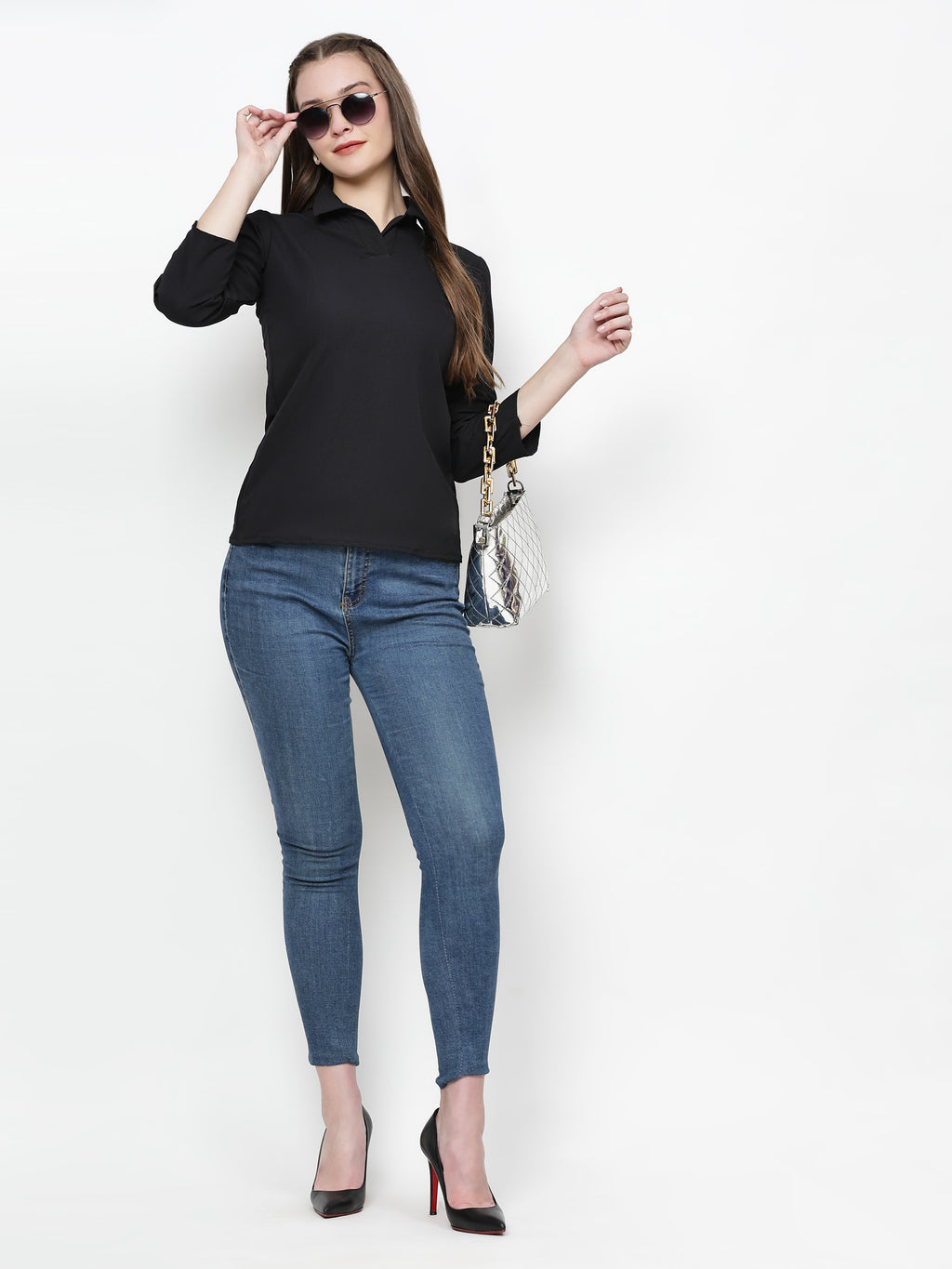 TrendRush Women Solid Black Collared Shirt