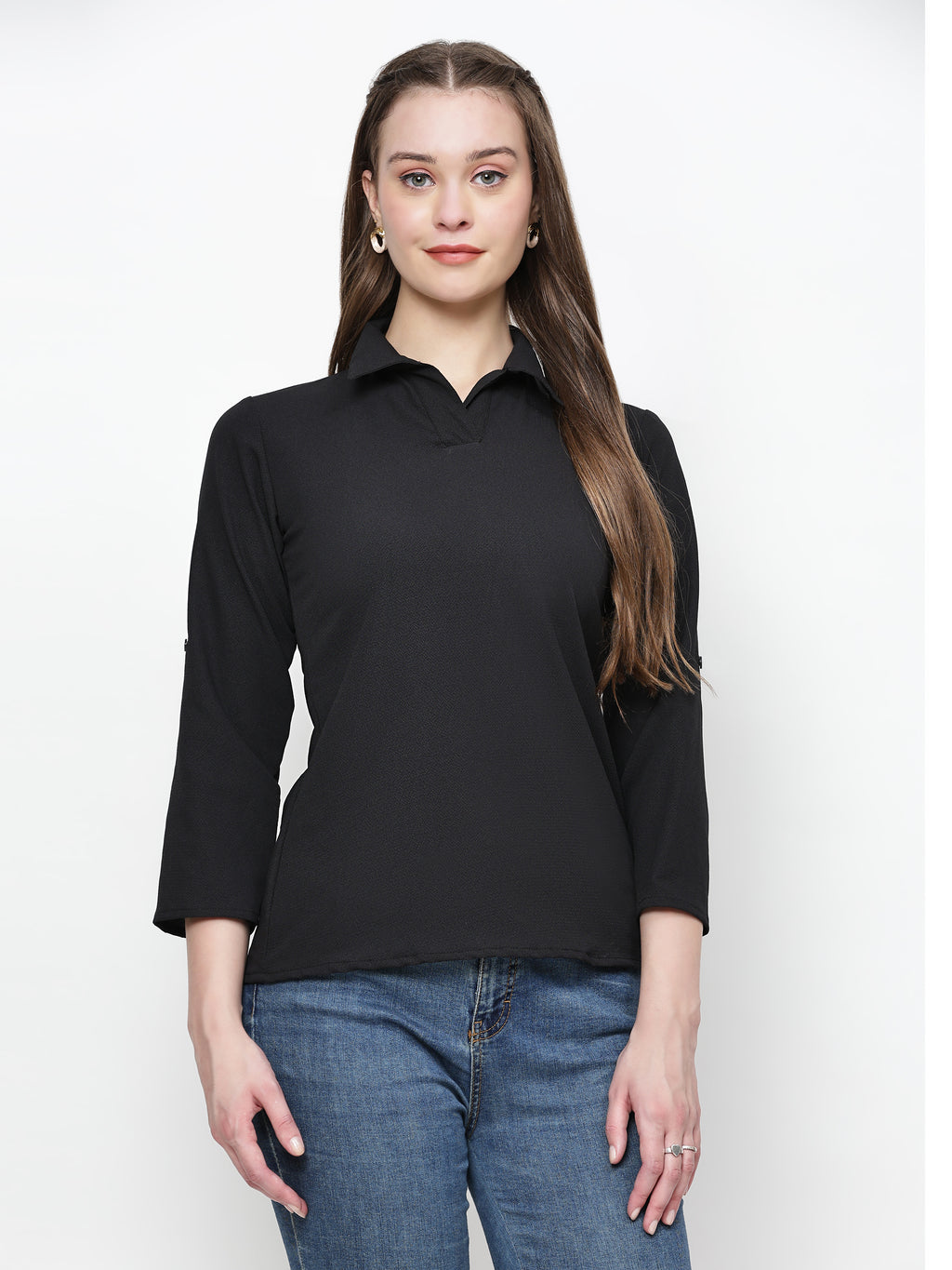 TrendRush Women Solid Black Collared Shirt
