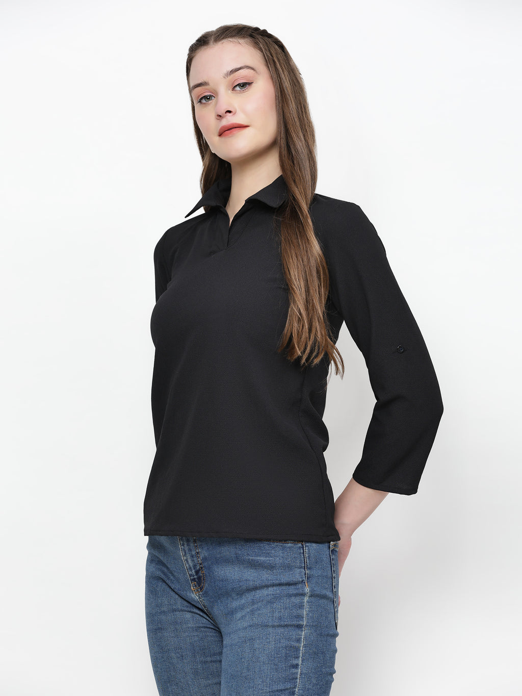 TrendRush Women Solid Black Collared Shirt