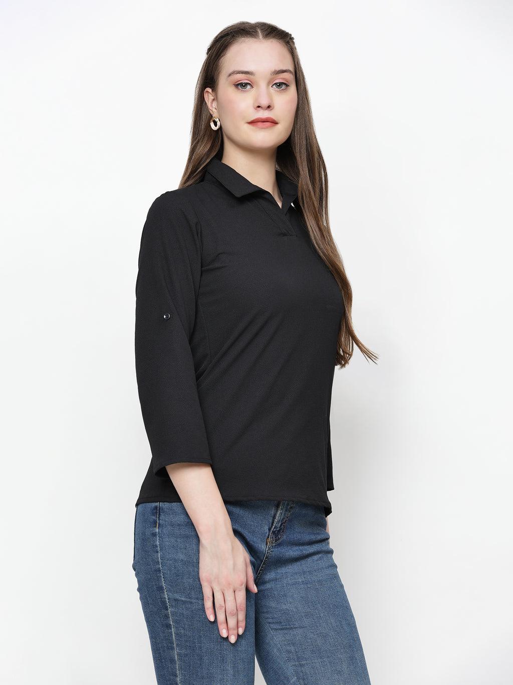 TrendRush Women Solid Black Collared Shirt