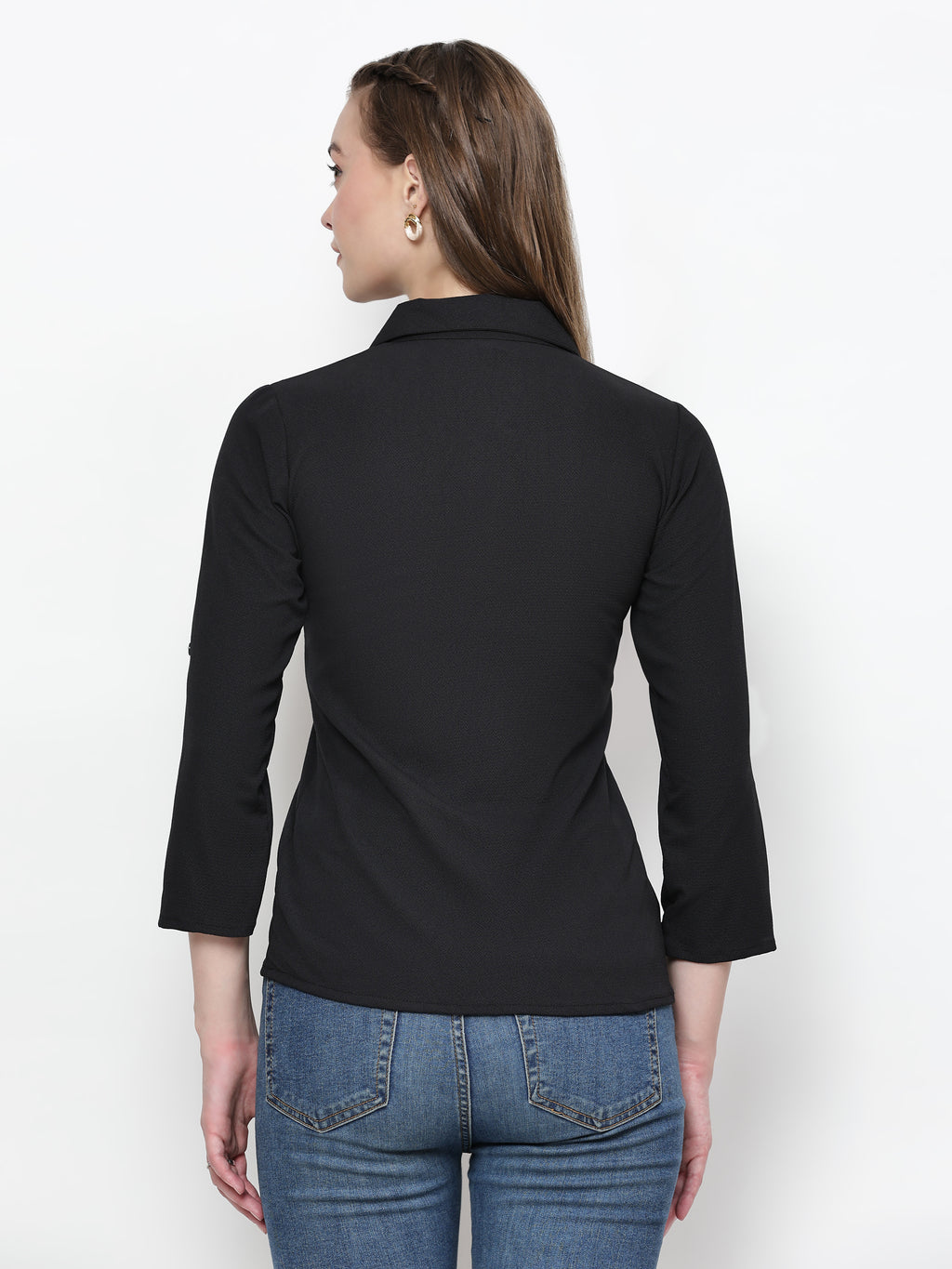 TrendRush Women Solid Black Collared Shirt
