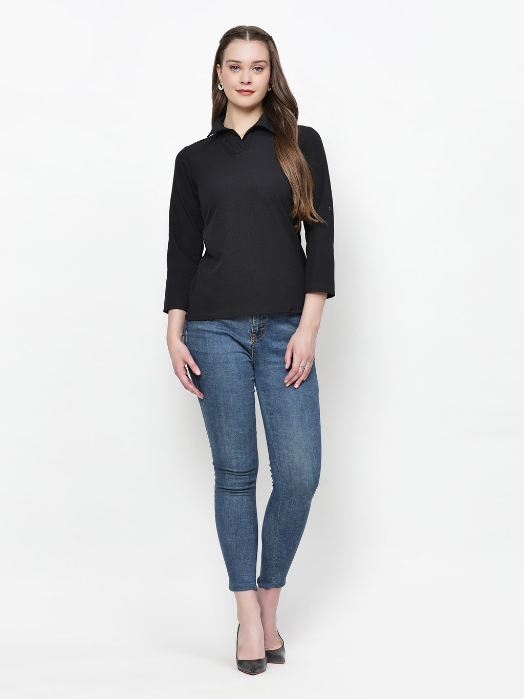 TrendRush Women Solid Black Collared Shirt