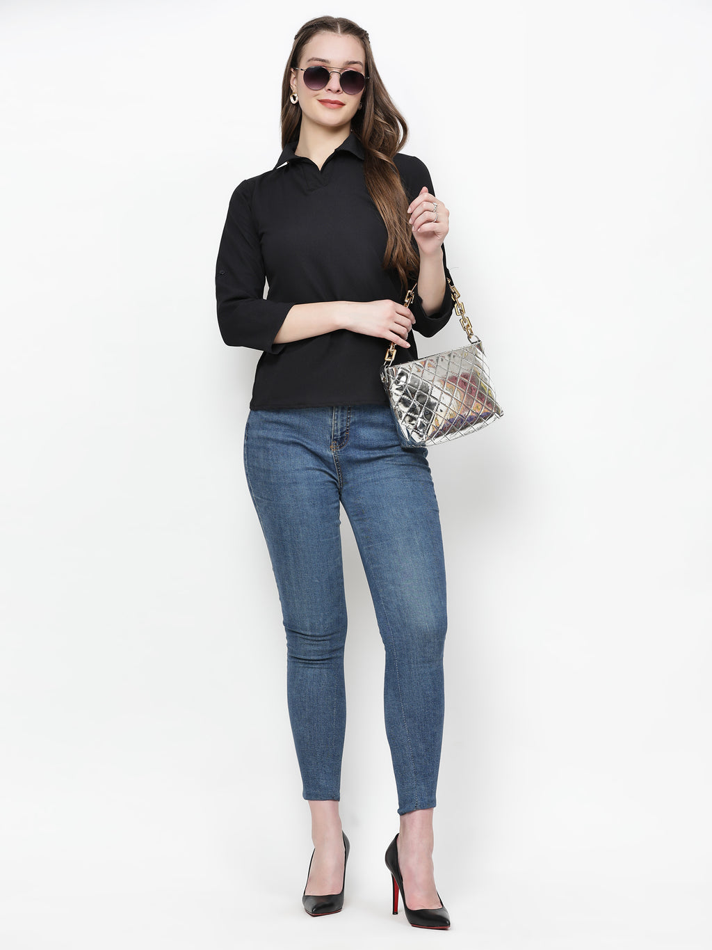 TrendRush Women Solid Black Collared Shirt