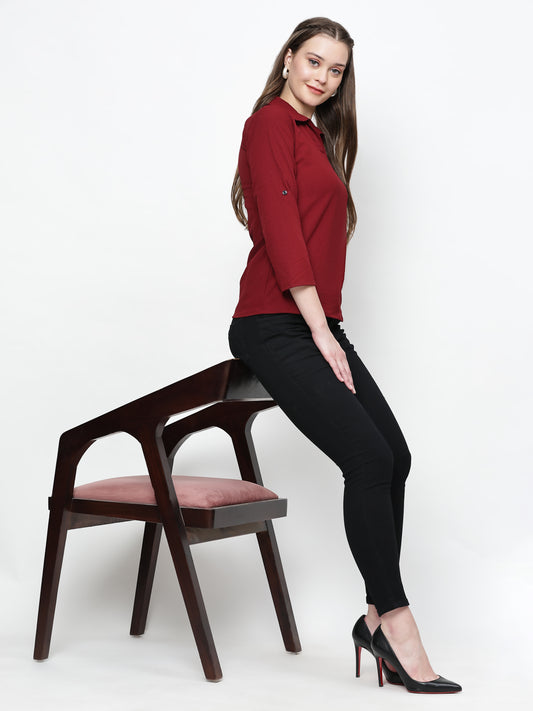 TrendRush Women Maroon Solid Collared Top