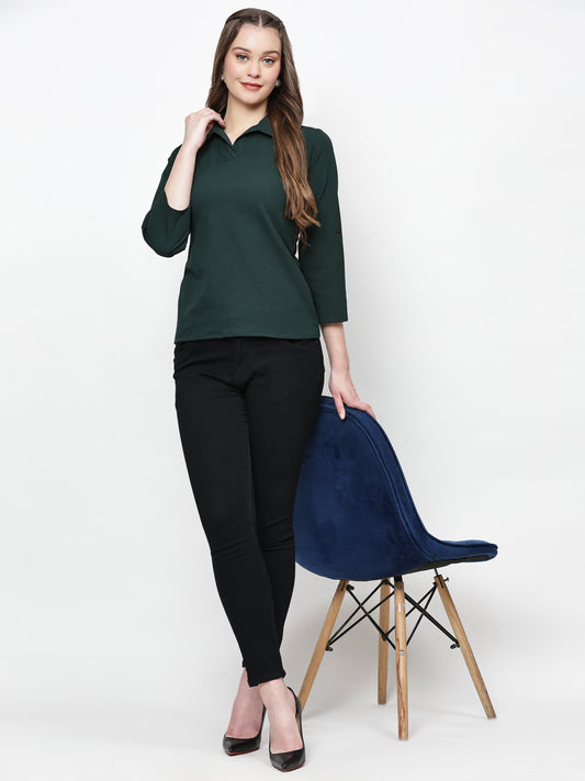 TrendRush Women Green Solid Collared Top