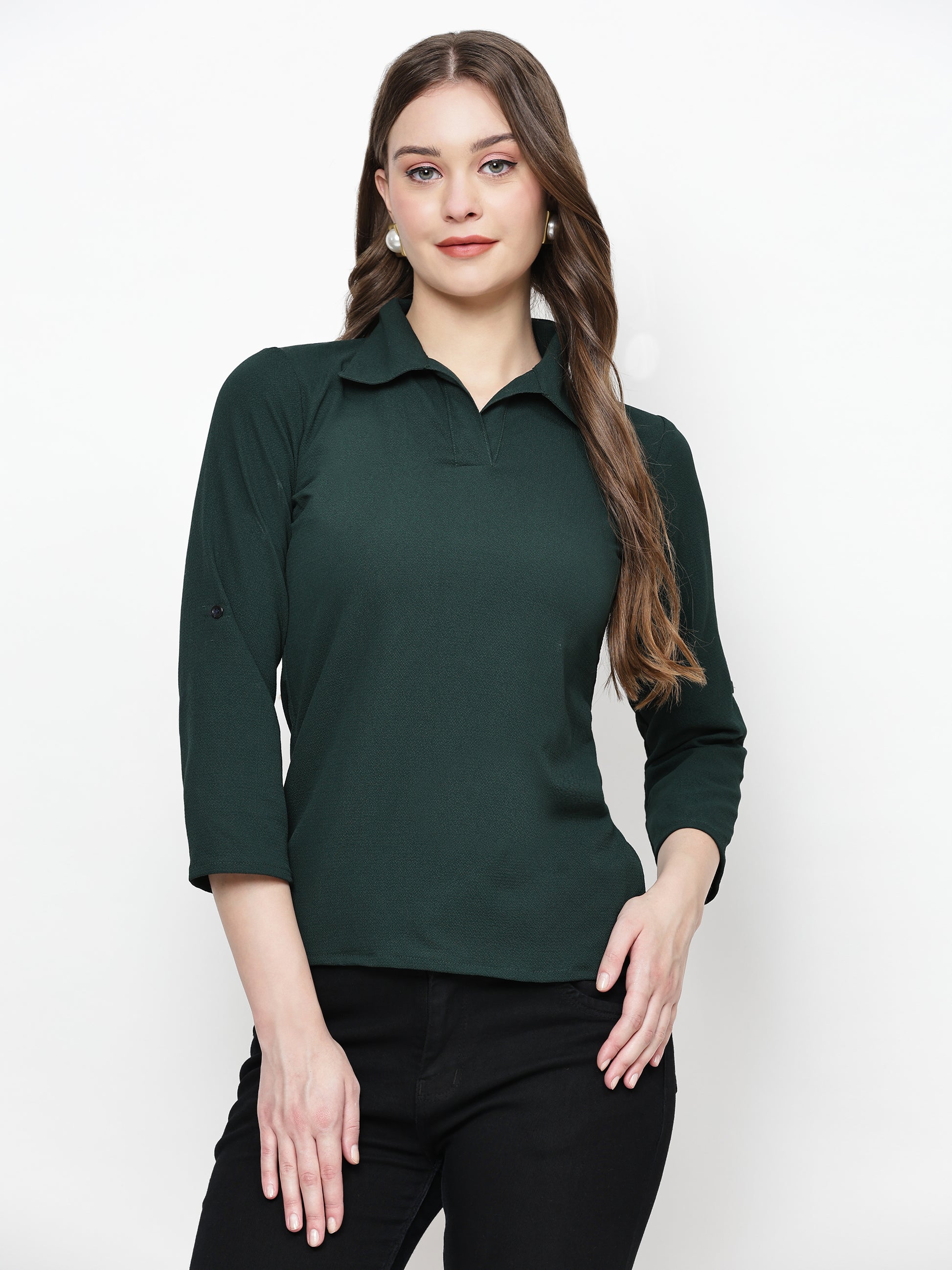 TrendRush Women Green Solid Collared Top