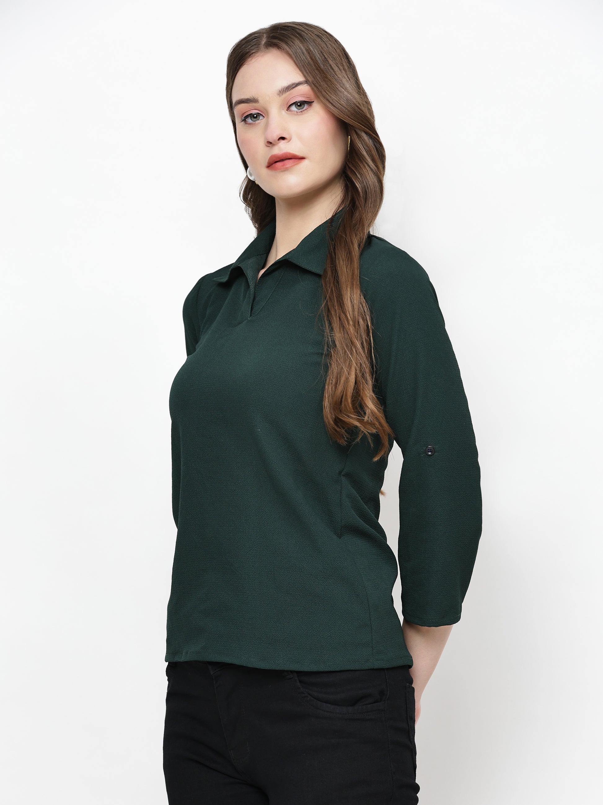 TrendRush Women Green Solid Collared Top