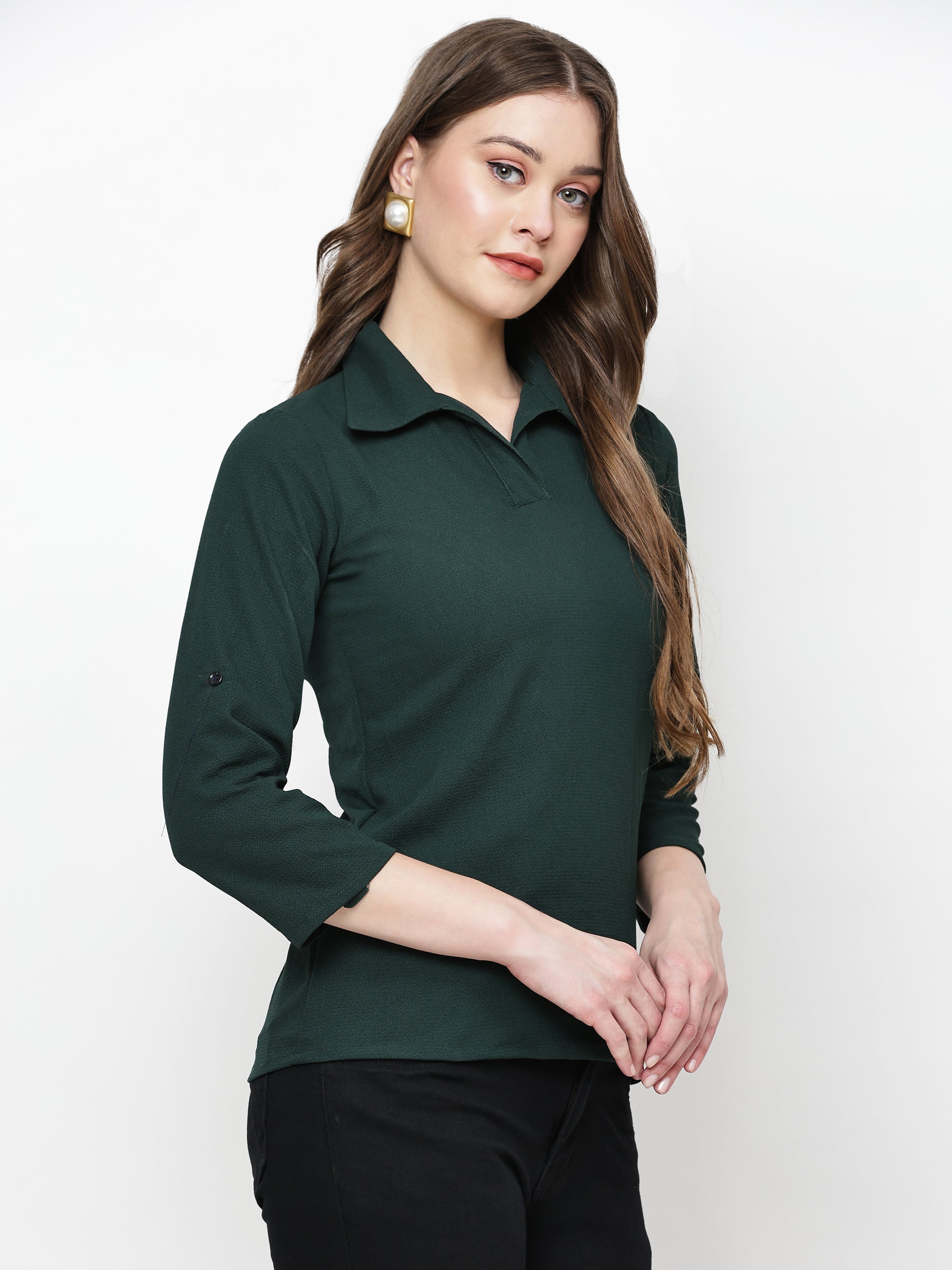 TrendRush Women Green Solid Collared Top