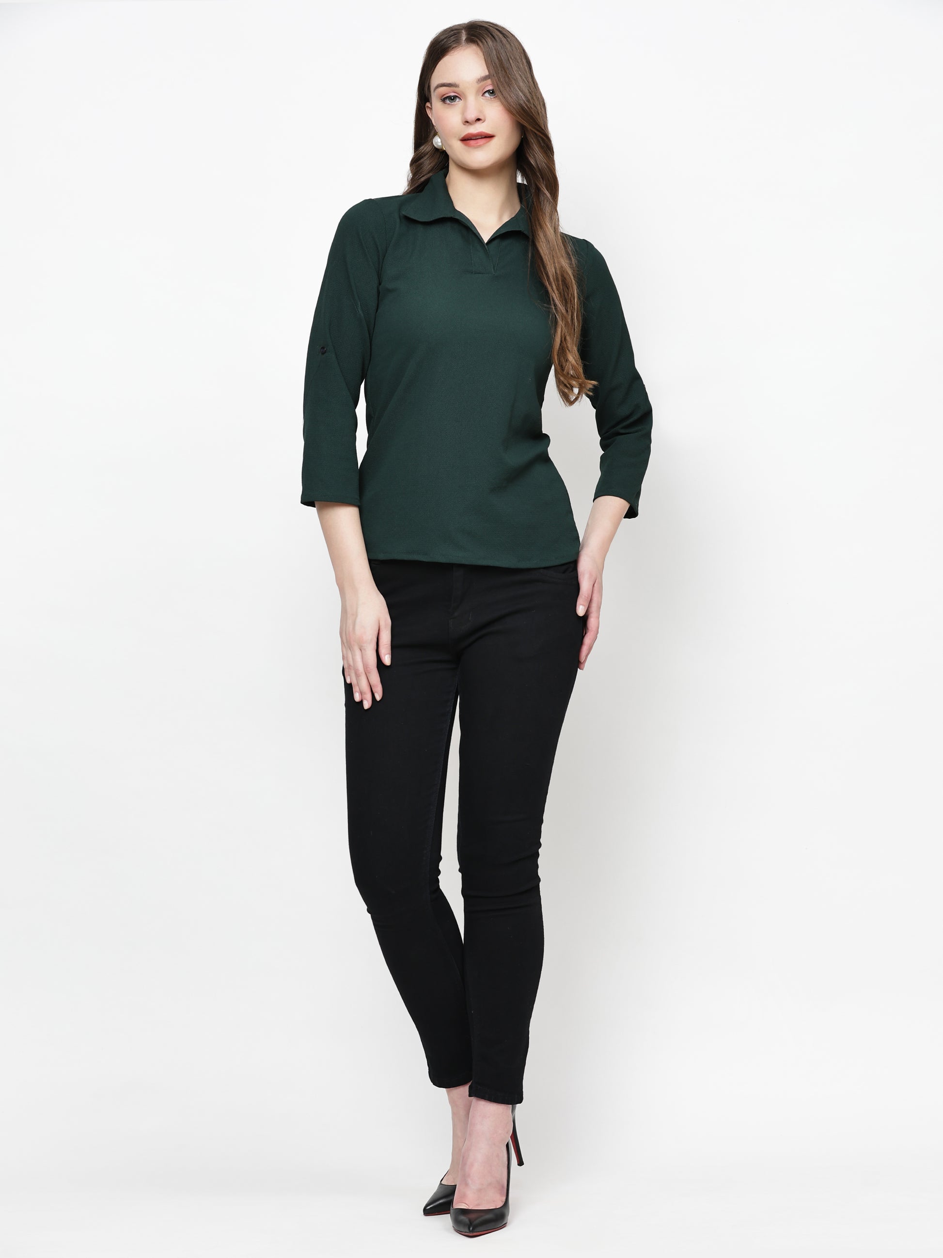 TrendRush Women Green Solid Collared Top