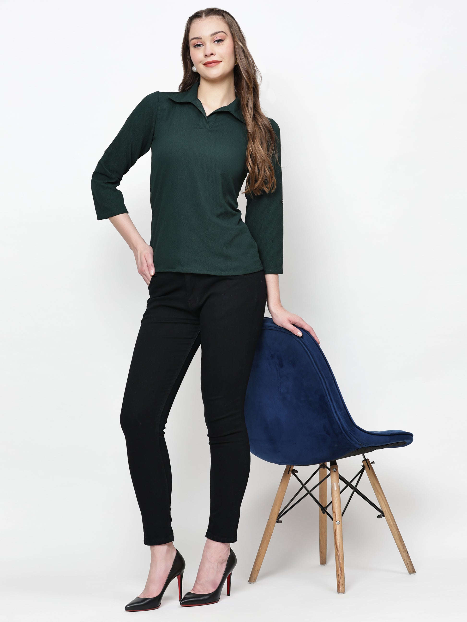 TrendRush Women Green Solid Collared Top