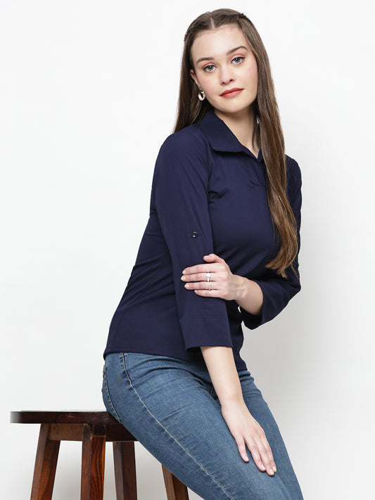 TrendRush Women Blue Solid Collared Top