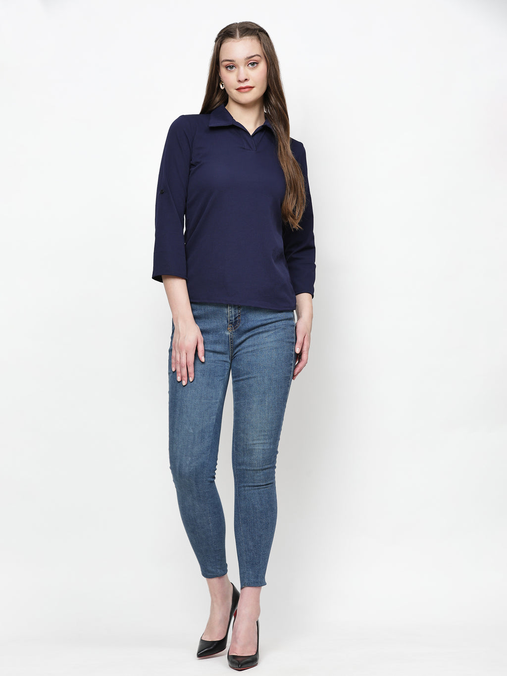 TrendRush Women Blue Solid Collared Top