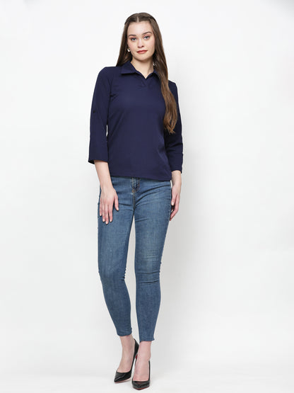TrendRush Women Blue Solid Collared Top