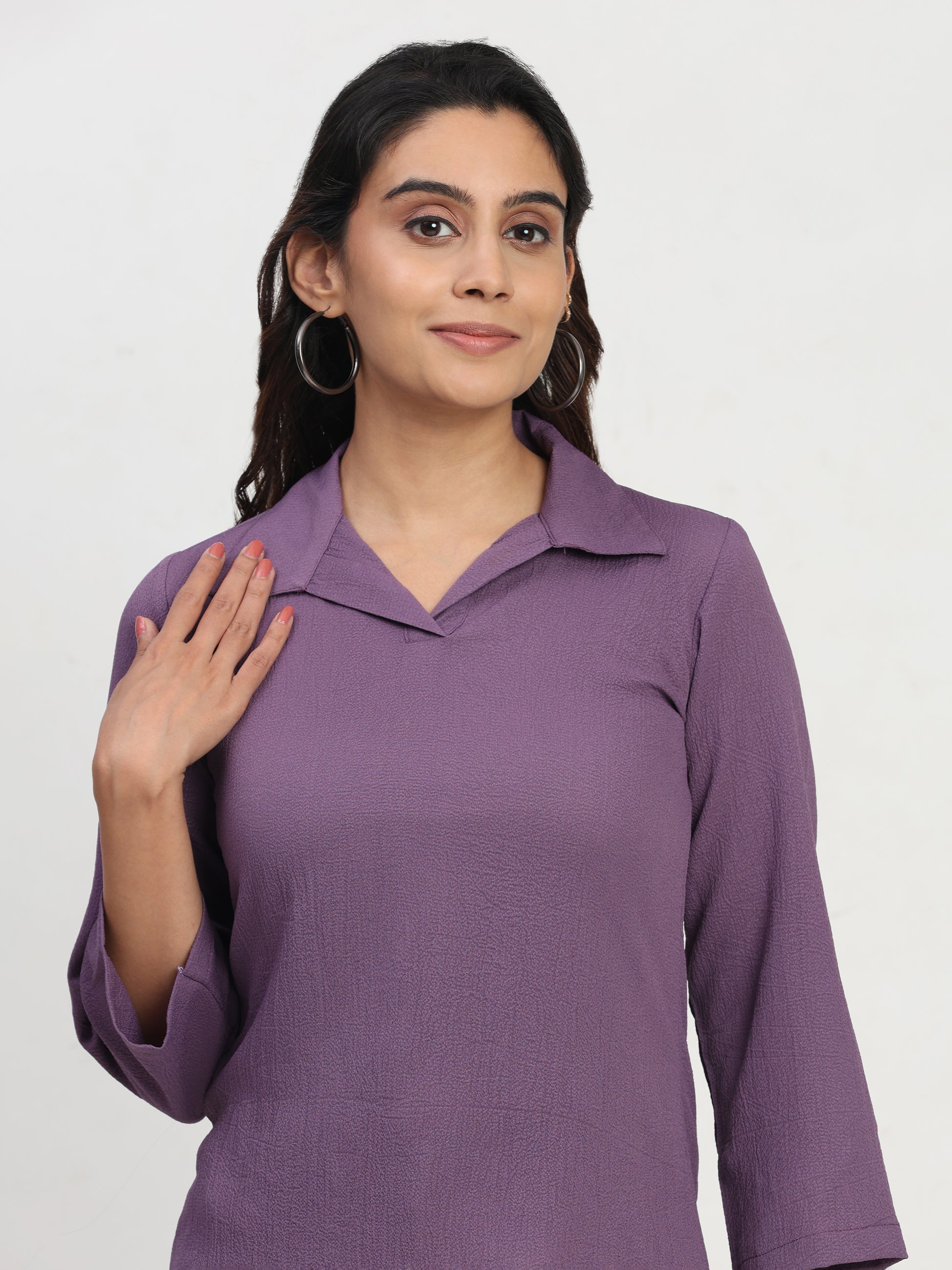TrendRush Women’s Purple Top with Shirt Collar – Versatile Everyday Outfit