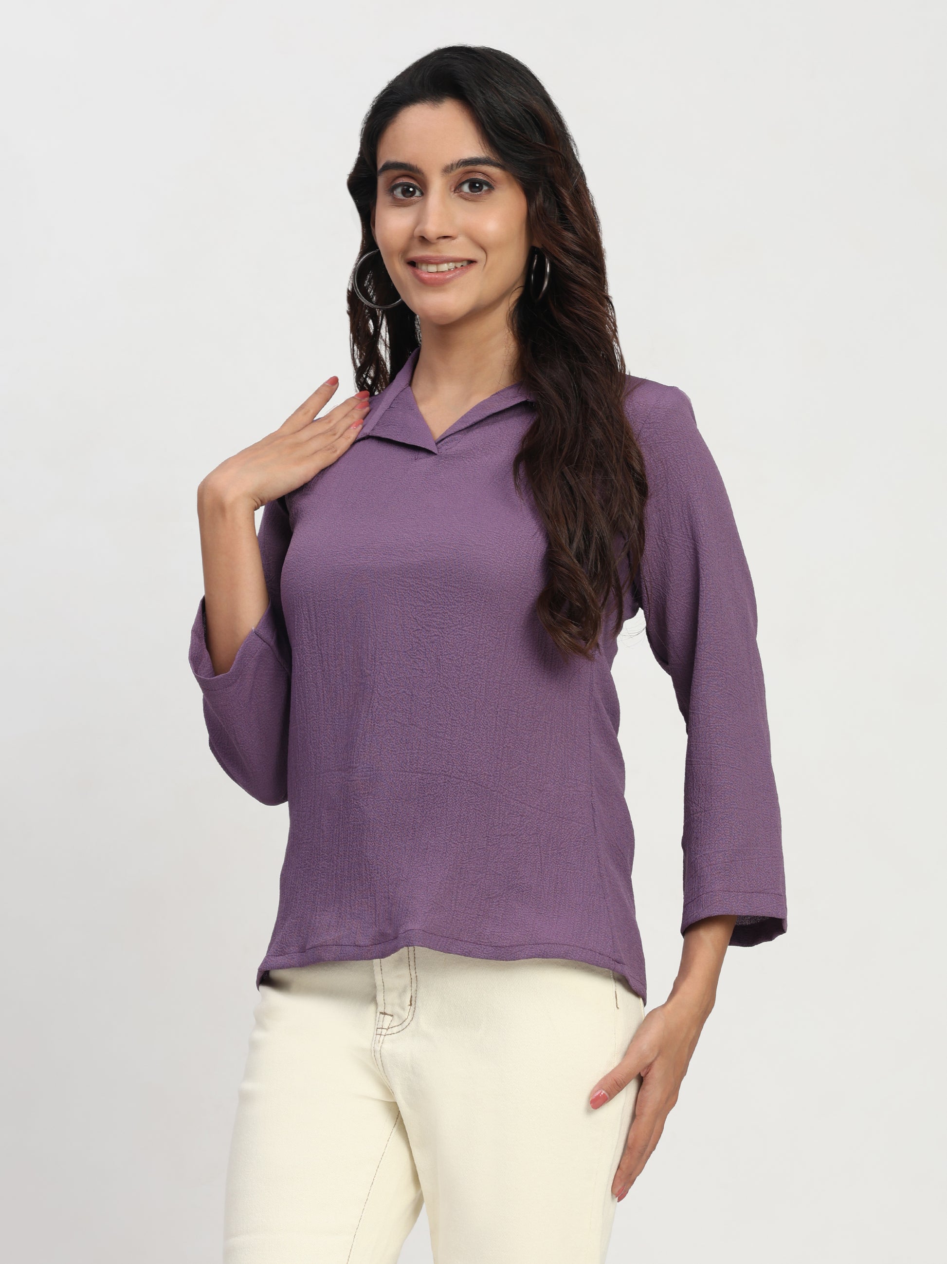 TrendRush Women’s Purple Top with Shirt Collar – Versatile Everyday Outfit