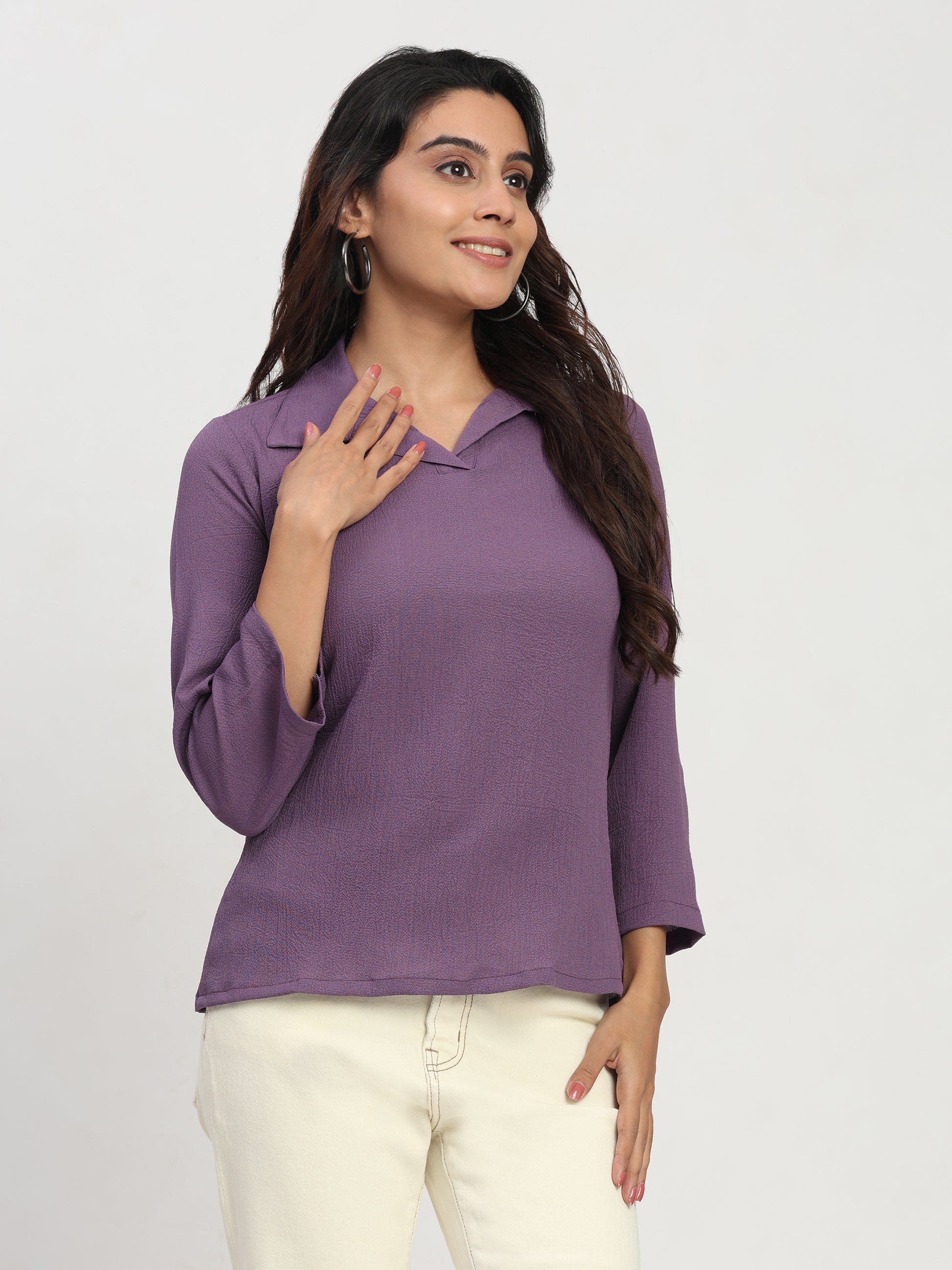 TrendRush Women’s Purple Top with Shirt Collar – Versatile Everyday Outfit