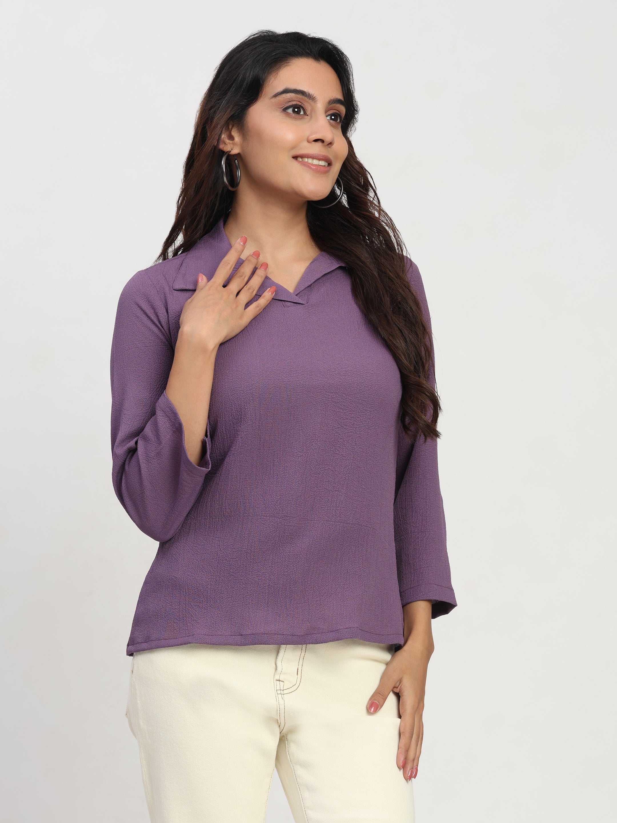 Shirt Collar Regular Fit Solid Top – Casual & Office Wear
