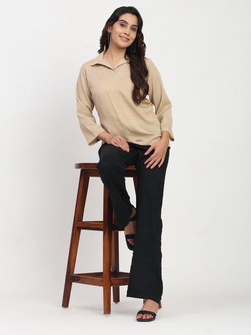 TrendRush Women Beige Shirt Collar Top – Stylish Daily Wear