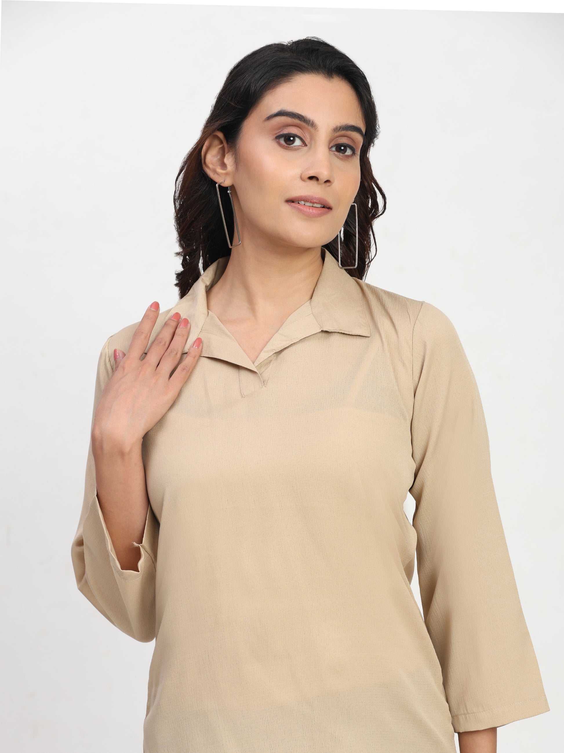 TrendRush Women Beige Shirt Collar Top – Stylish Daily Wear