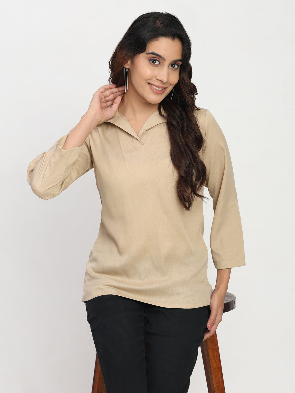 TrendRush Women Beige Shirt Collar Top – Stylish Daily Wear
