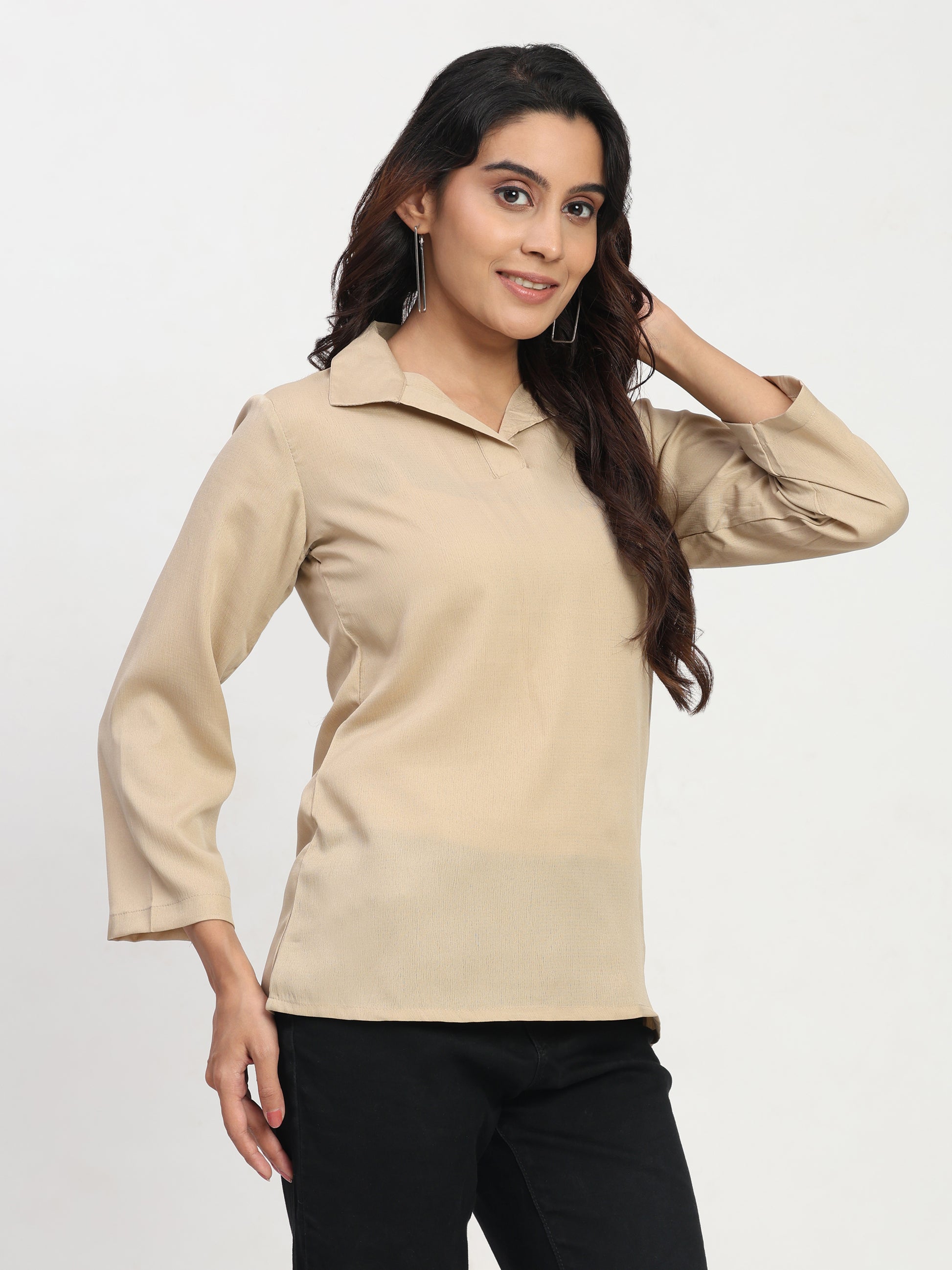 TrendRush Women Beige Shirt Collar Top – Stylish Daily Wear