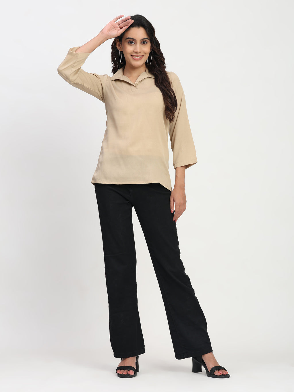 TrendRush Women Beige Shirt Collar Top – Stylish Daily Wear