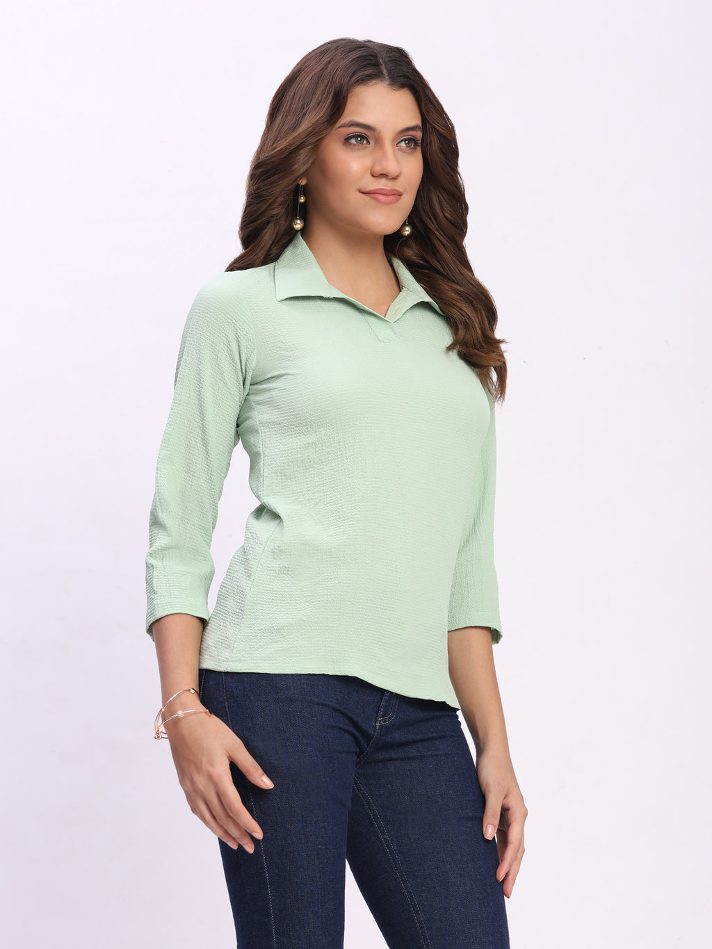 Trendrush Women Light Green Shirt Collar Regular Fit Solid Top – Casual & Office Wear