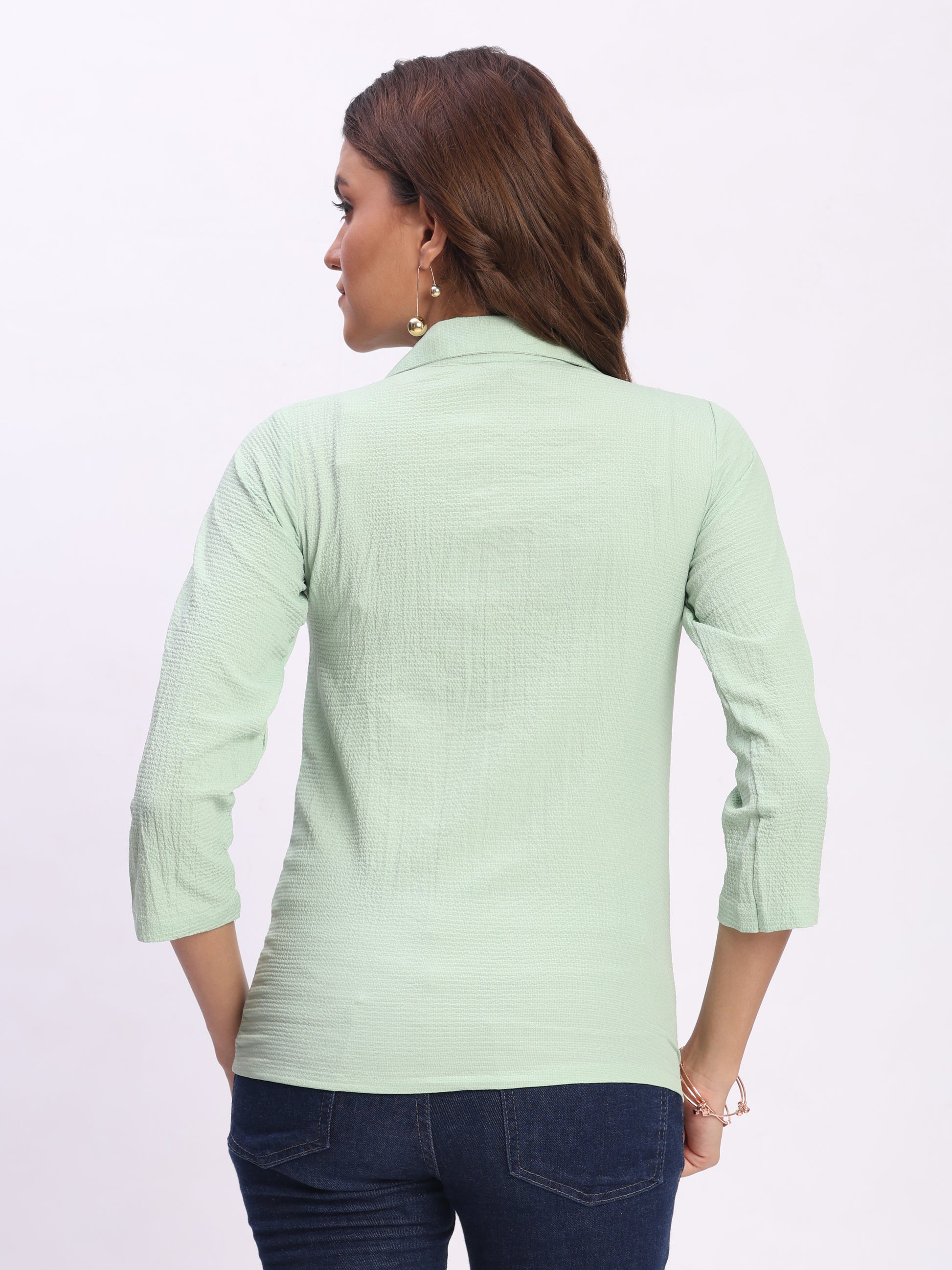 Trendrush Women Light Green Shirt Collar Regular Fit Solid Top – Casual & Office Wear