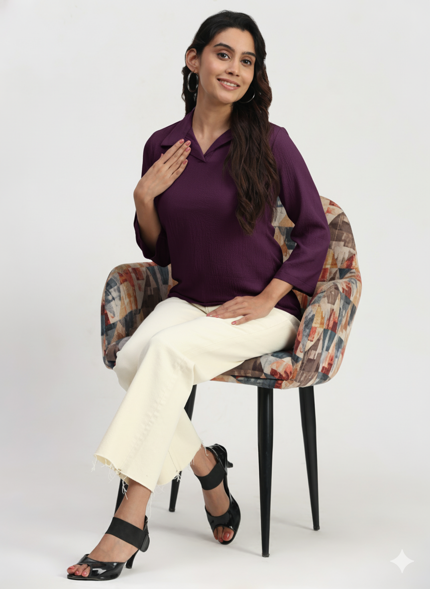 Shirt Collar Regular Fit Solid Top – Casual & Office Wear