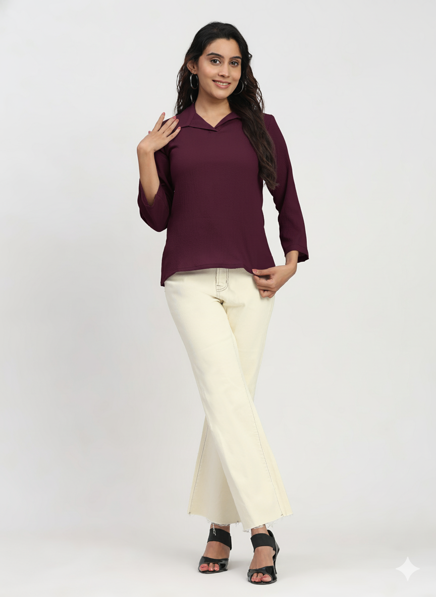 Shirt Collar Regular Fit Solid Top – Casual & Office Wear