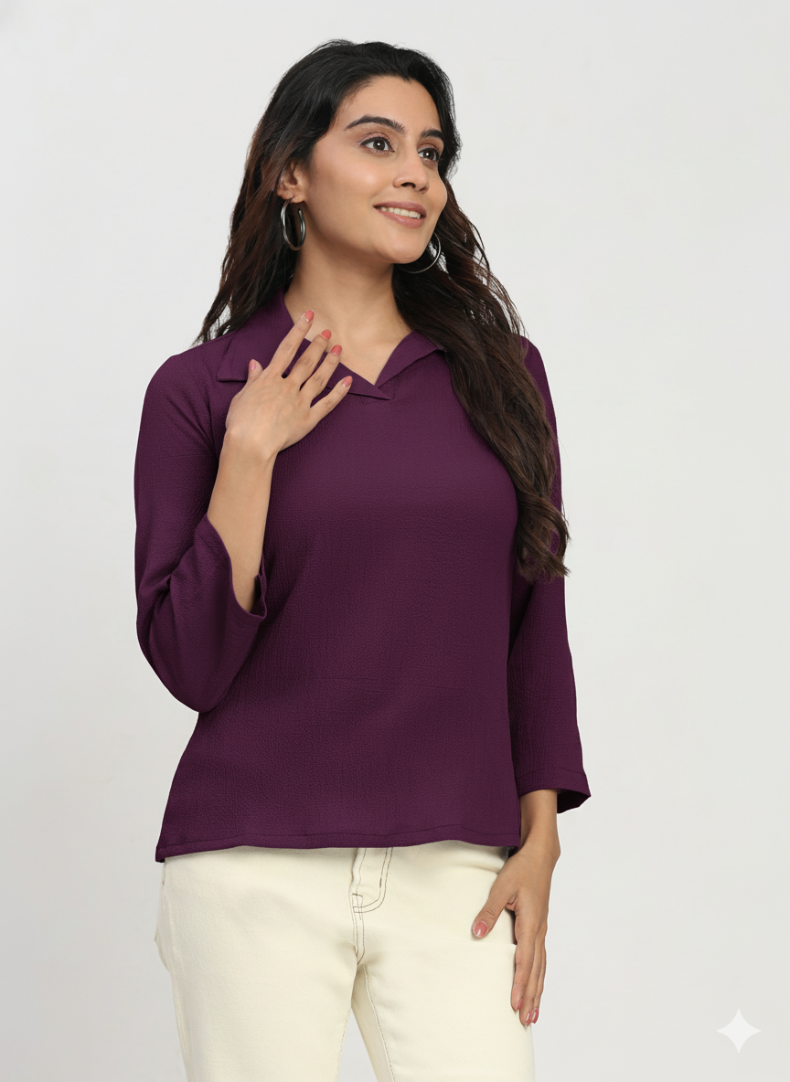 Shirt Collar Regular Fit Solid Top – Casual & Office Wear