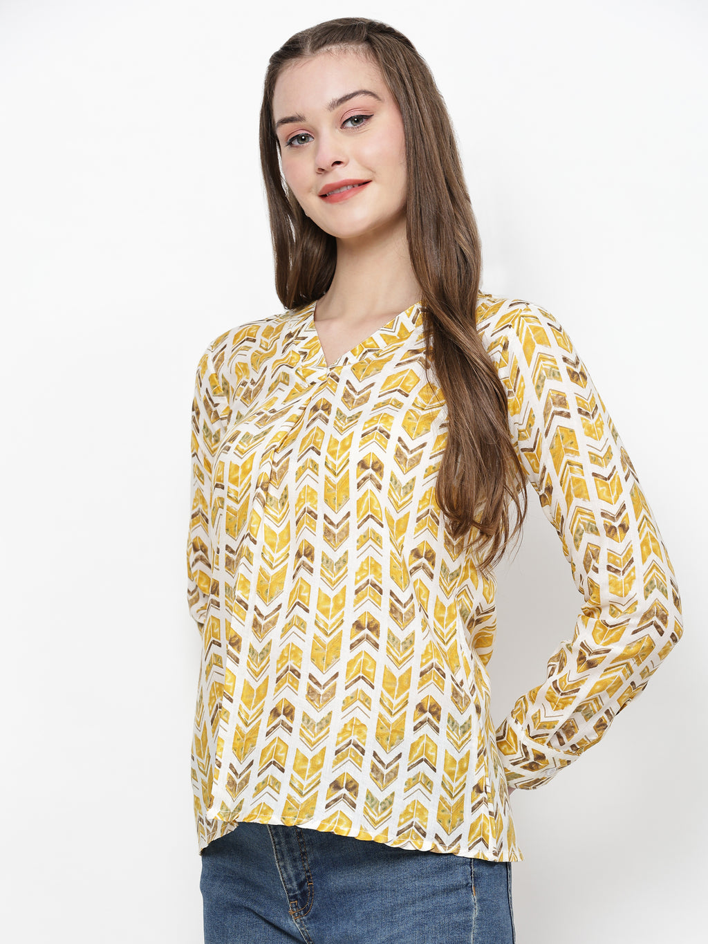 TrendRush Women Yellow Geometric Printed V-Neck Top