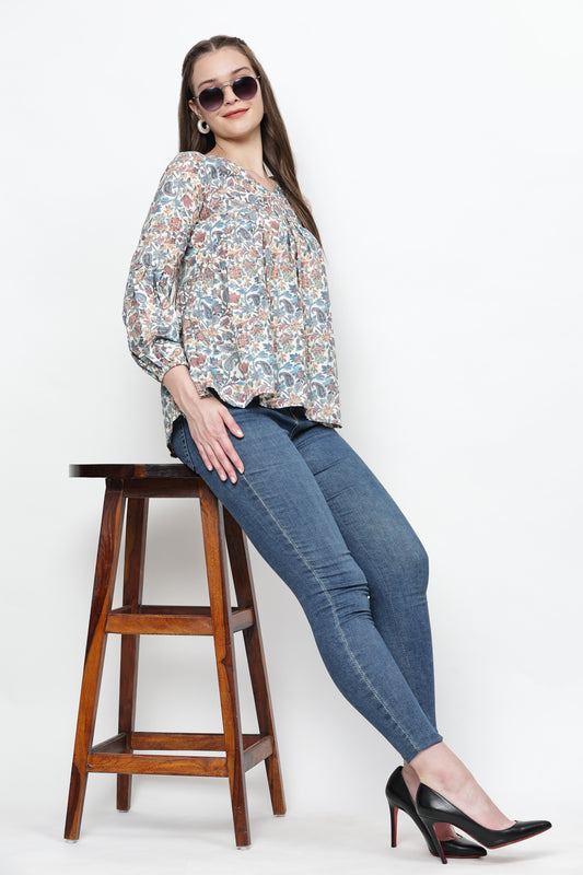 TrendRush Women V-Neck Blue Paisley Printed Top