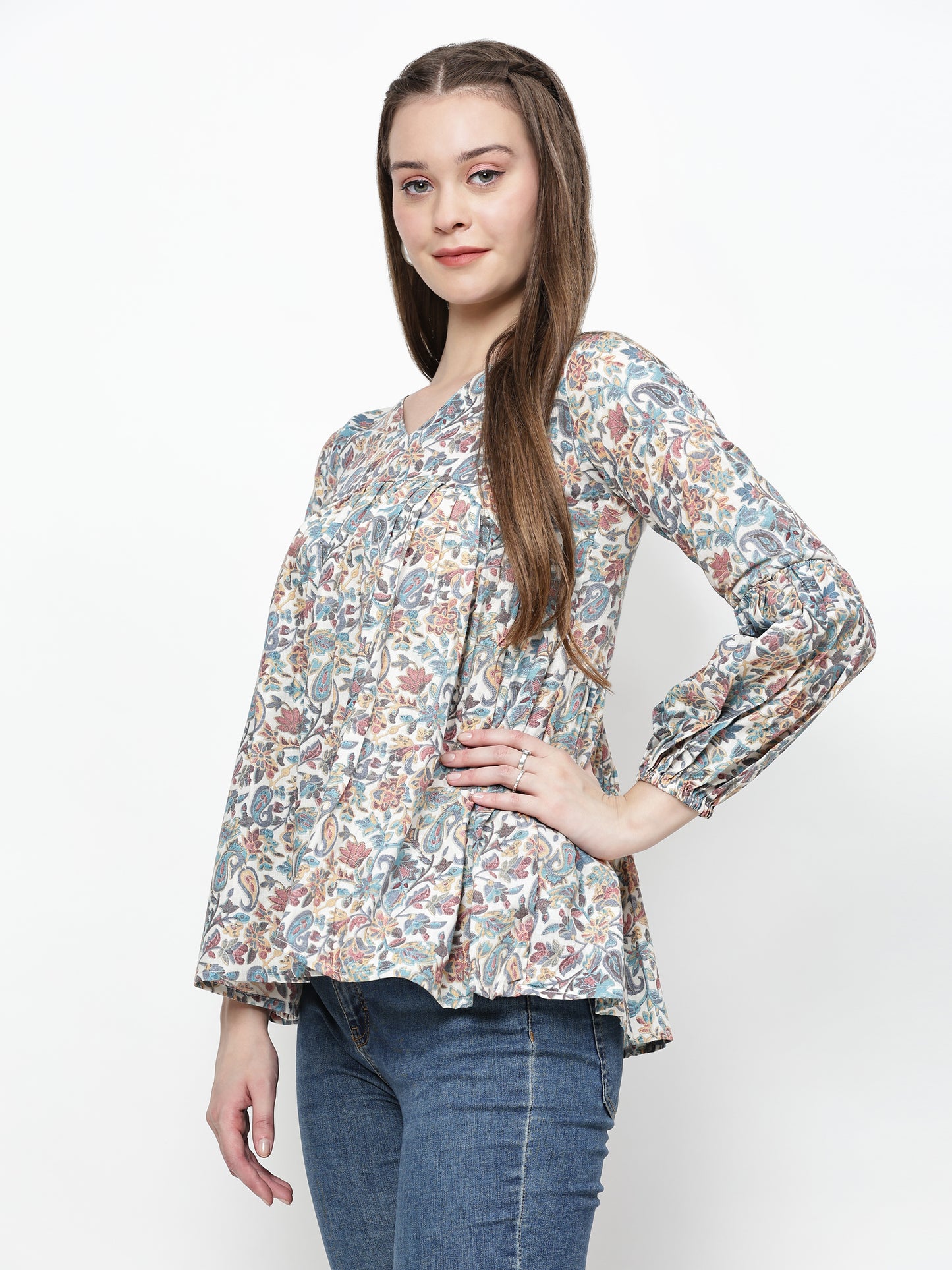 TrendRush Women V-Neck Blue Paisley Printed Top