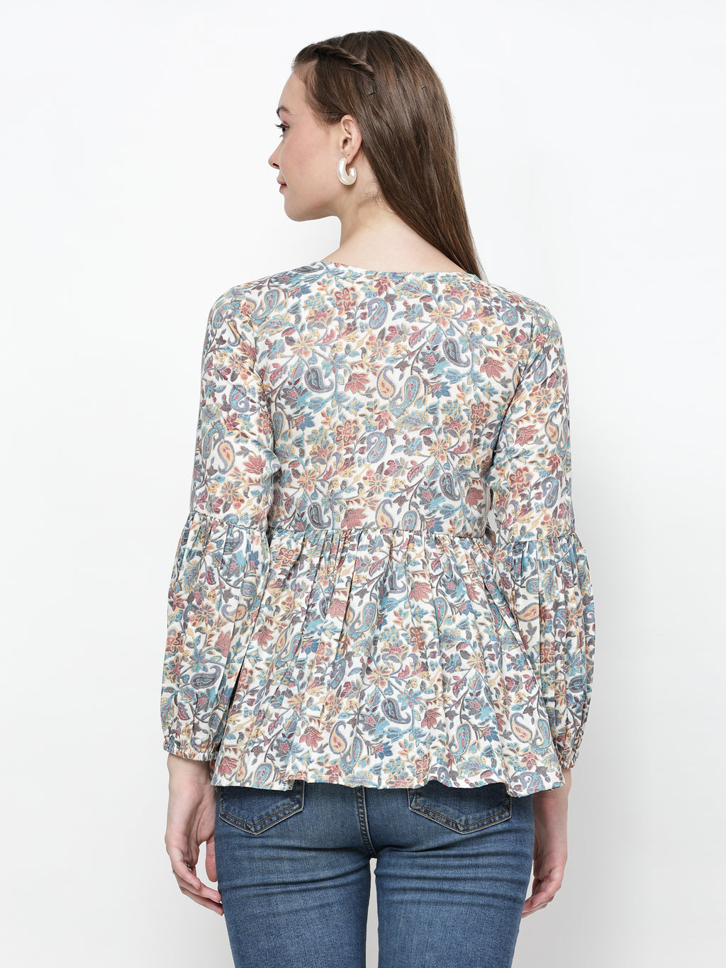 TrendRush Women V-Neck Blue Paisley Printed Top