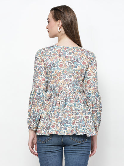 TrendRush Women V-Neck Blue Paisley Printed Top