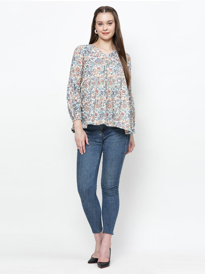 TrendRush Women V-Neck Blue Paisley Printed Top